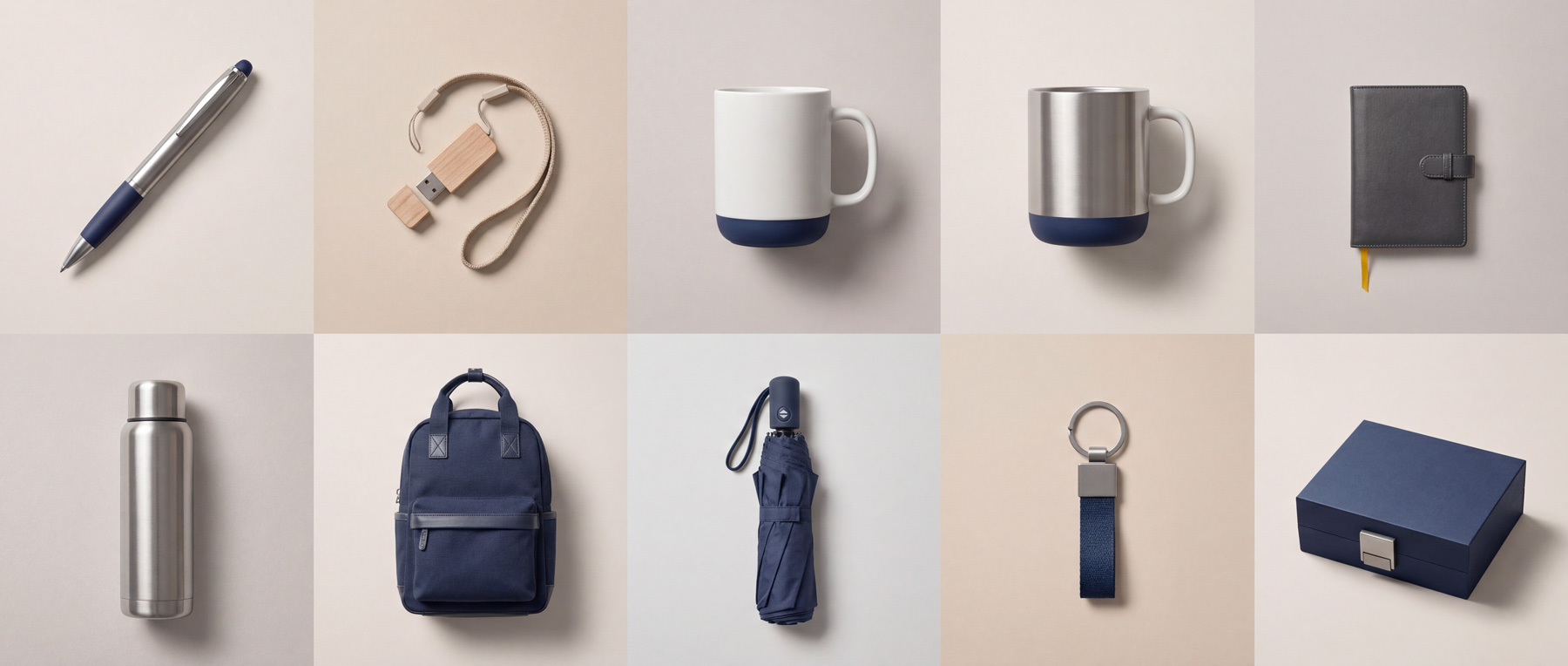 Mozaic cu nouă categorii principale de produse promoționale: pixuri, USB, căni, rucsacuri, umbrele, agende, brichete, lanyard, sacoșe