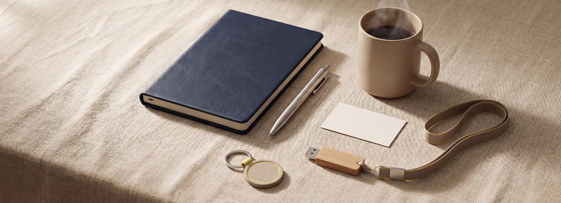 Set produse promoționale personalizate cu siglă companie pe birou: pixuri metalice, agendă, cană, USB, breloc